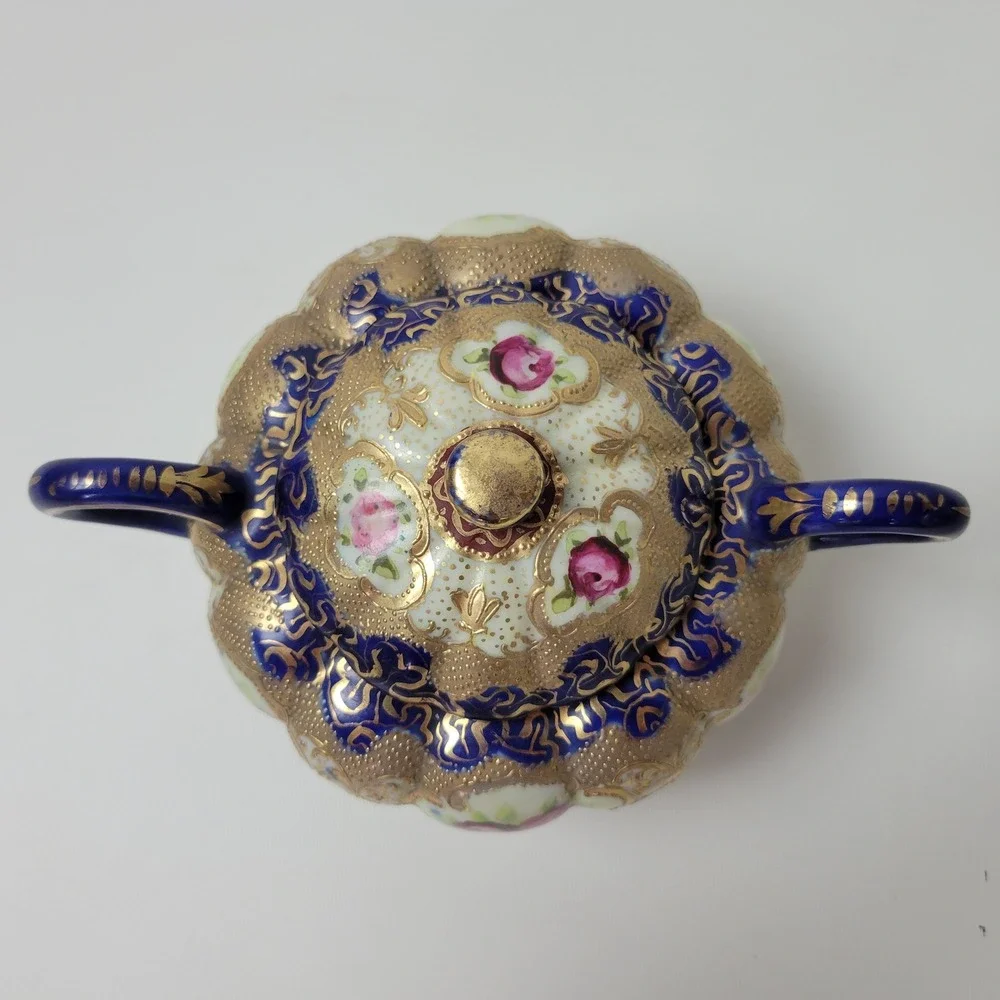 Antique Nippon Sugar Bowl Cobalt Blue Gold Moriage Hand Painted Roses Japan